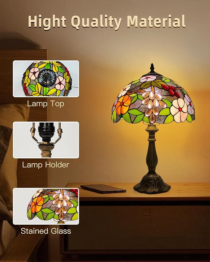 Table Lamp Hand-Made Grape Rose Stained Glass Table Lamps Bedside Nightstand Lamp for Bedroom, Living Room, Home Office Desk Lamp,Home Deco Art, W/LED E27 Bulb,12X12X18Inch