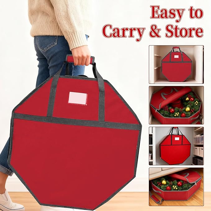 KYEVIS Christmas Wreath Storage Container, 24 Inch Tear-Resistant Dustproof Wreath Bag with Interior Pockets & Dual Handles and Zipper for Garland Ornament Holiday Decor Organizer