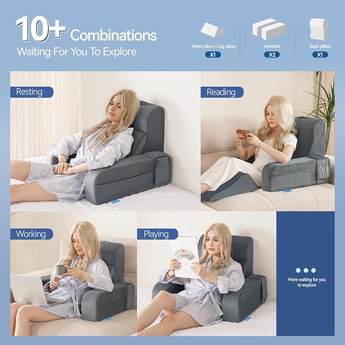 Kayfia Reading Pillow, 10 in 1 Back Pillow for Bed Sitting up with Detachable Arms Rest, Back Rest with Gel Memory Foam, Reading/Gaming/Working in Bed or Couch 21'', Gray