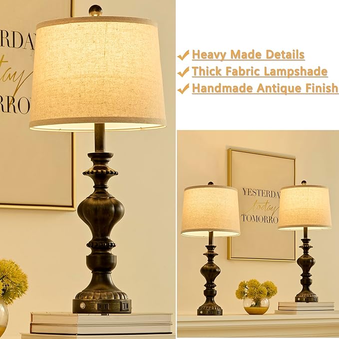 SAIWEYA 27.5" Farmhouse Table Lamps Set of 2 Bedside Lamp with USB C+A Ports & AC Outlet, 3 Way Dimmable Touch Lamps for Living Room Bedroom Office Hallway Rustic Nightstand Traditional Lamp