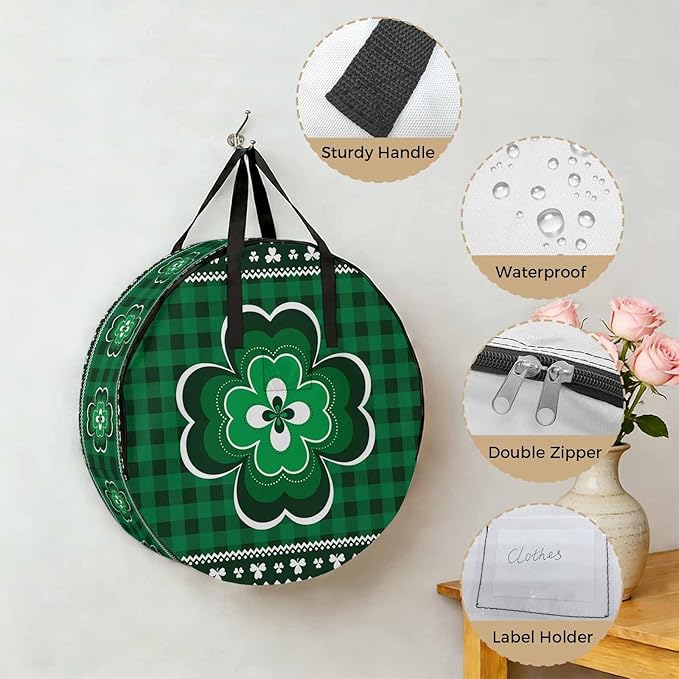 St Patricks Round Storage Bag 30 Inch, Day Vintage Shamrock Texture Green Plaid Clothes Storage Container with Handles Heavy Duty Organizer for Comforter, Bedding & Holiday Wreaths