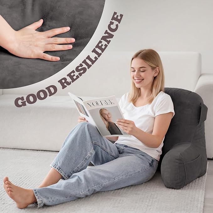 Unisakey Portable Comfy Reading Pillows for Bed Sitting Up(Light Grey Oeko-Tex), Velvet Back Pillow with Arms & Pockets for Adults, Support Memory Foam Bed Pillow for Dorm/Reading/Watching/Gaming