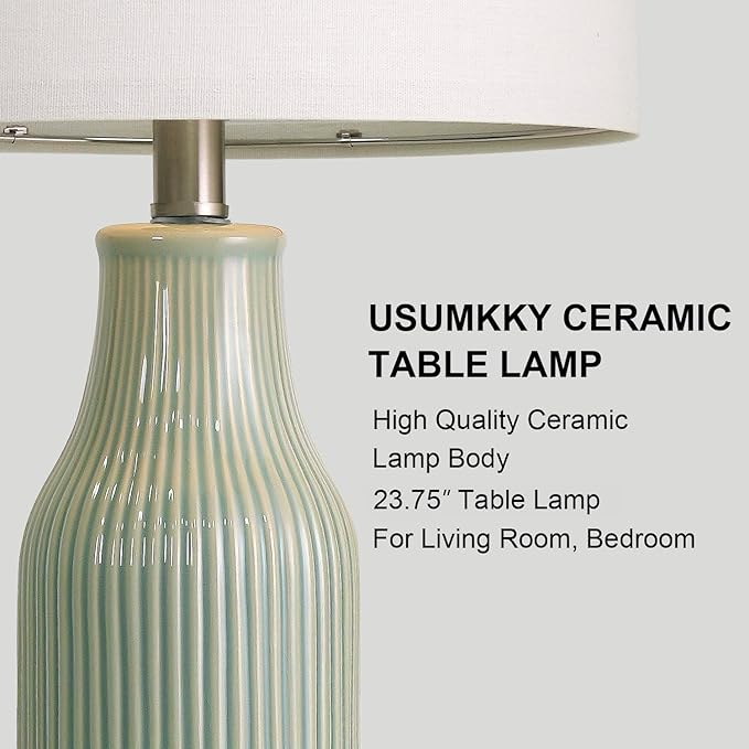 USumkky 23.75" Modern Green Ceramic Table Lamp Set of 2 for Living Room, Farmhouse Bedside Nightstand Lamp for Bedroom Home Office Dorm
