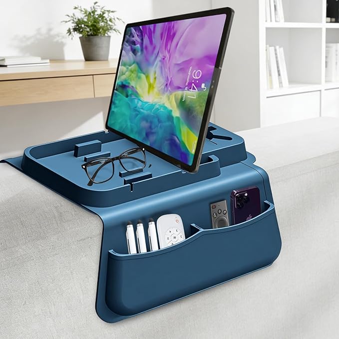 Silicone Couch Cup Holder Tray with Tablet & Phone Stand, Anti-Slip Sofa Arm Organizer with Dual Side Pockets for Remotes, Snacks, Headphones, Glasses, Drinks (Blue)