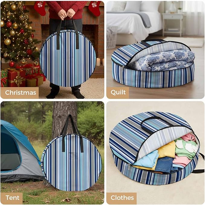 Storage Bag Teal Blue Striped Round Storage Totes Bins Closet Organizers with Zippers & Handle Geometric Navy Stripes Clothes Storage Container for Bedroom Dorm Space Saving Packing Supplies Bags