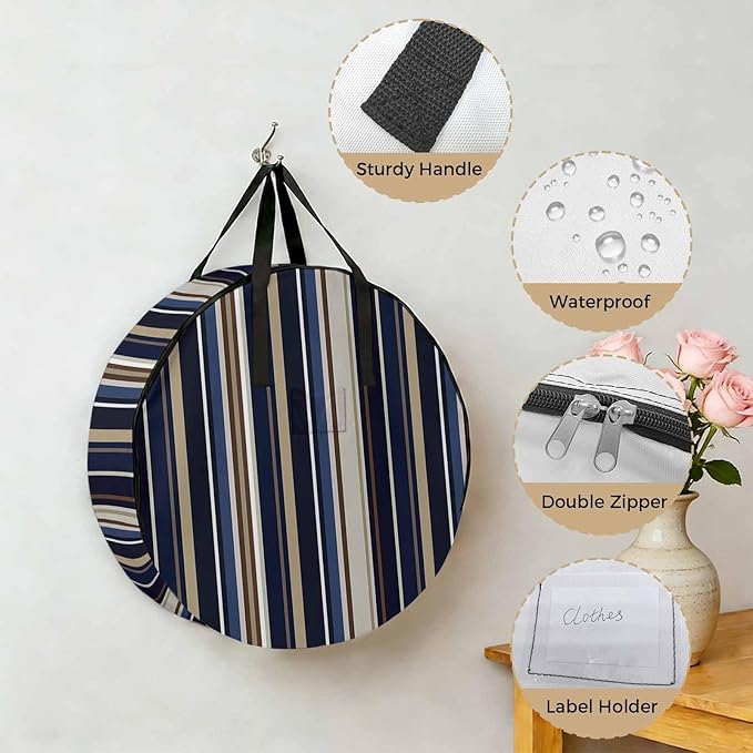 30 Inch Round Storage Bag 1 Pack,Abstract Blue-brown Stripes Waterproof Wreath Storage Container with Handles&Zipper Black White Geometric Closet Organizer Bags Garland Box