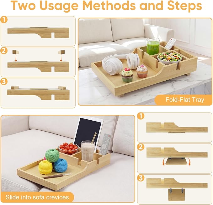Couch Insert Tray,Bamboo Couch Tray Between Couch Cushions with 4 Compartments2 Cups Holder,Fit Armless Couch/Sectional, 2-in-1 Fold-Flat Tray,for Snacks, Drinks, Remotes,15.35x9.84-inch (Bamboo)