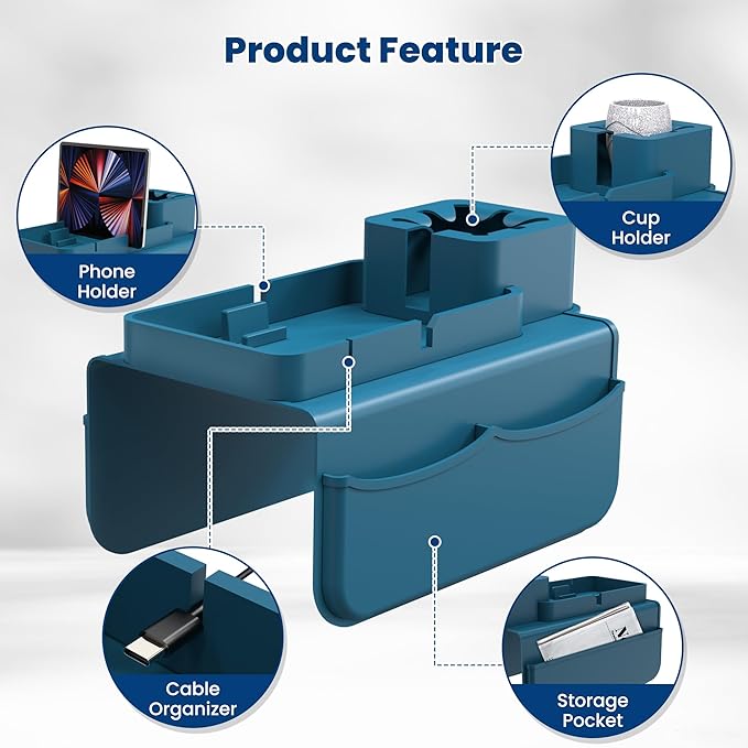 ENNVA Couch Arm Cup Holder Tray, Silicone Anti-Slip Sofa Armrest Table with Dual Side Storage Pockets, Drink Holder, Phone Stand & Remote Organizer, Couch Caddy for Wide Armrest (Blue)