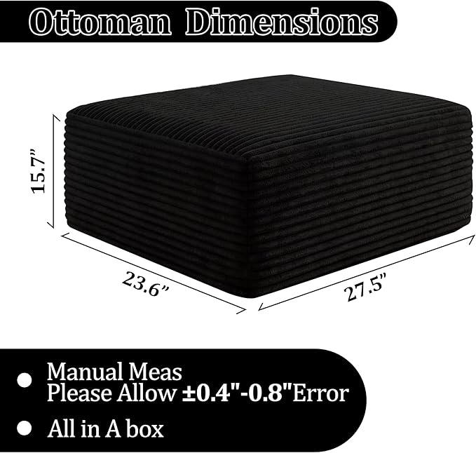 Corduroy Ottoman, Modern Boneless Cloud Foot Rest Foam Support, Oversized Modular Sectional Sofa Stool for Living Room, Bedroom & Small Spaces, No Assembly Required (Black, Ottoman) | Foam Support, Living Room Bedroom, Small Spaces, No Assembly Required