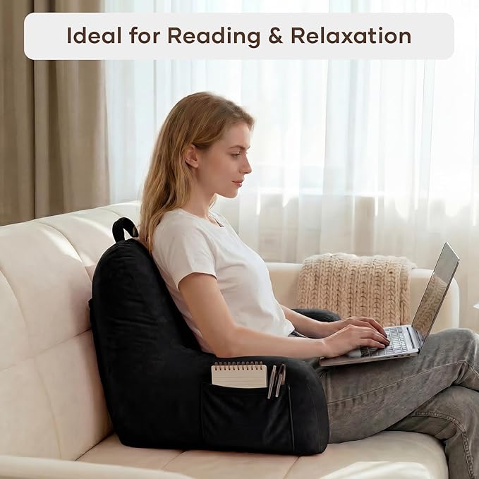 NOONTIDE Reading Pillow for Sitting up in Bed and Couch,Large Back Pillow for Adult & Teens with Soft Adjustable Neck Roll Backrest Pillow,Washable Cover,Watching TV/Gaming/Relaxing(Black)