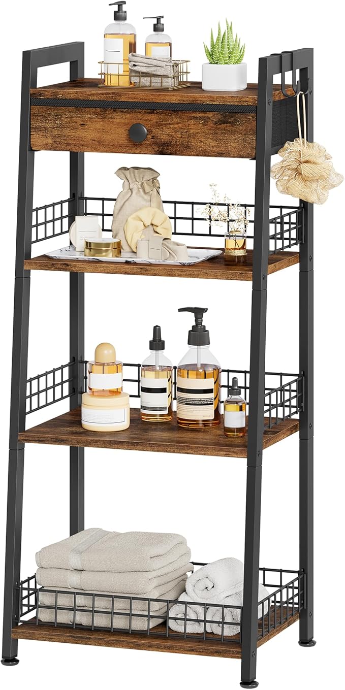Gewudraw 4-Tier Ladder Shelf with Drawer, Bathroom Table Stand for Small Space, Bathroom Standing Shelves with Storage for Living Room Bedroom Kitchen, Organizer Shelf, Rustic Brown