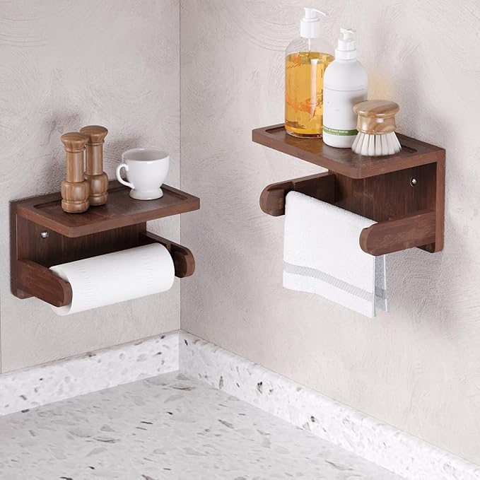 VERTORGAN Toilet Paper Holder with Phone Shelf,Bamboo Wall Mounted Tissue Roll Holder for Bathroom (Brown)