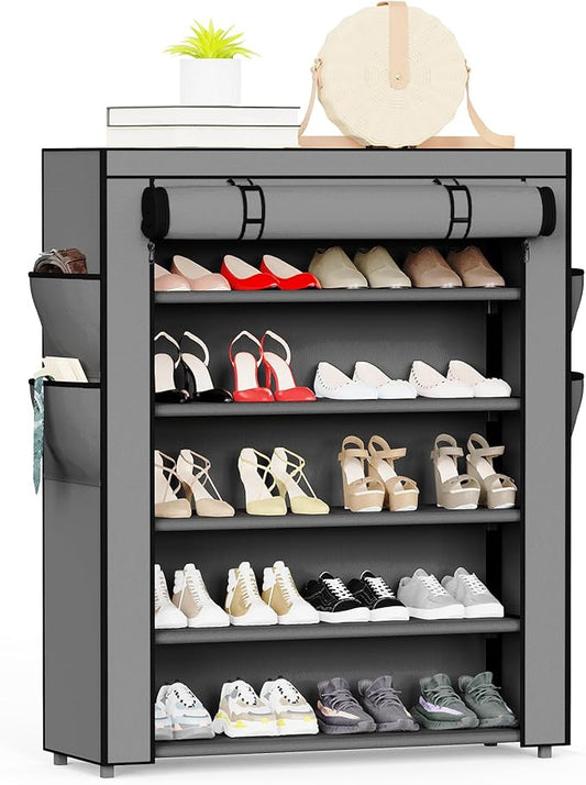 Mavivegue Shoe Rack with Cover, 5 Tier Shoe Organizer for Entryway, Shoe Storage for Front Door Entrance, Closet, Garage, Grey