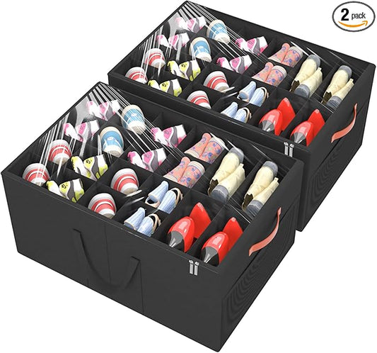 Aokeyee 2 Pack Shoe Organizer for Closet, Large Shoe Storage Box Fits up to 48 Pairs, Space Saving Foldable Shoes Organizer Bin w/Clear Cover and 4 Reinforced Handles, Black