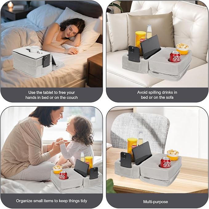 Couch Cup Holder Tray Pillow, Large Sofa Organizer Caddy with 6 Holes and Side Pocket Bed Refreshment Tray for iPad, Drinks, Remotes, Phones, Snacks, Removable & Washable (Silver)