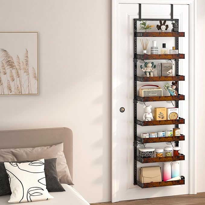 BUKFEN 8-Tier Over the Door Pantry Organizer, 2-in-1 Door Hanging or Wall Mounted Spice Rack, Heavy Duty Metal Storage Shelves with Adjustable Wooden Baskets for Kitchen Bathroom Closet