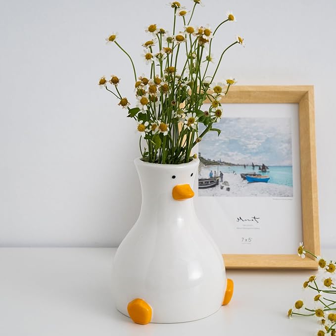 MOUGIGI Handcrafted Ceramic Duck Vase - White Modern Flower Vase with Unique Duck Design - Round Aesthetic Table Decor - Funky and Trendy Art Vase
