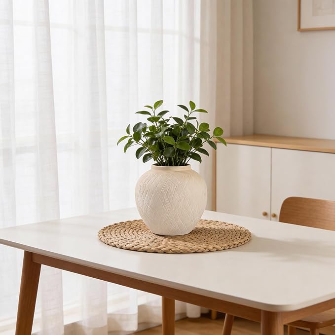 Large Carved Rustic Farmhouse Vase Home Decor - 8.8 in Ceramic Boho Decorative Vase for Decor, Round Clay Beige Terracotta Bowl vase for Living Room, Table, Shelf, Centerpieces