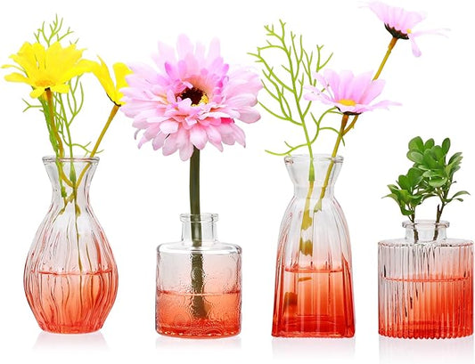 Mapoxy Glass Bud Vases Set of 4,Small Orange Flower Vases for Wedding Centerpiece Table Decorations,Clear Vintage Embossed Mini Vases,Flower Arrangements in Vases for Party or Home Decor