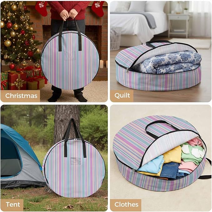Storage Bag Pink Striped Round Storage Totes Bins Closet Organizers with Zippers & Handle Geometric Blue Stripes Clothes Storage Container for Bedroom Dorm Space Saving Packing Supplies Moving Bags