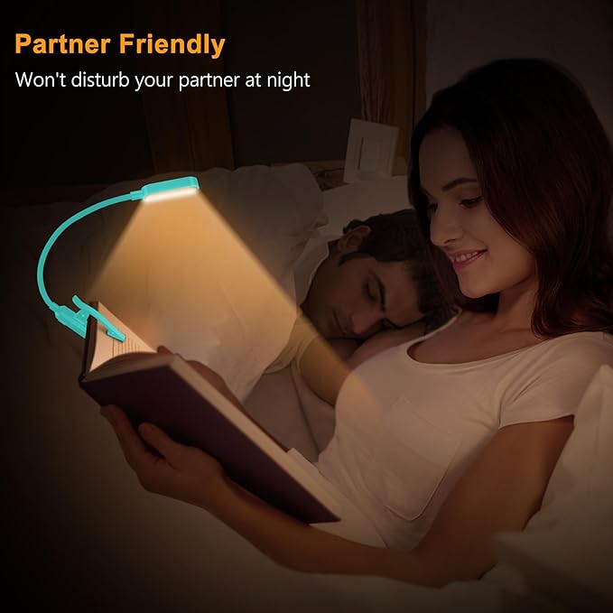 Gritin 16 LED Rechargeable Book Light for Reading in Bed- Eye Caring 3 Color Temperatures, Stepless Dimming Brightness, 80 Hrs Runtime, Lightweight Flexible Clip on Light for Book Lovers-Blue