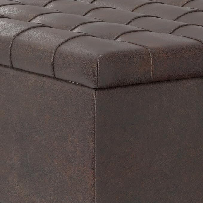 SIMPLIHOME Harrison Small Coffee Table Storage Ottoman - 30 inch Wide Upholstered Vegan Leather Square Lift-Top Ottoman in Distressed Brown, Transitional Ottoman for Living Room with Hidden Storage