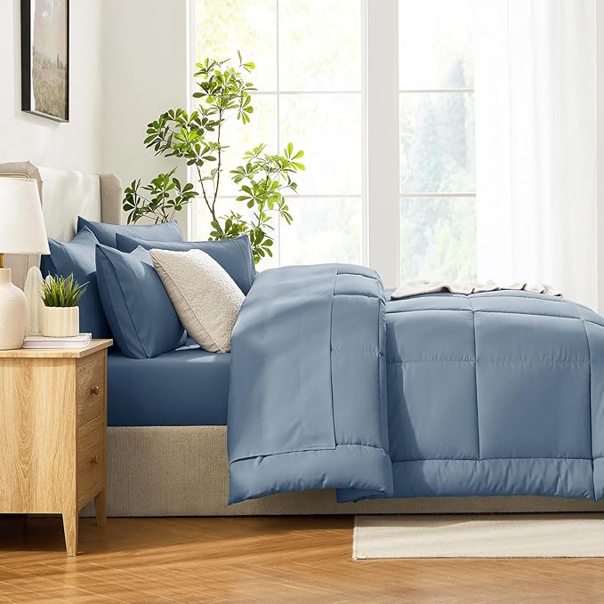 CozyLux Oversized Queen Comforter Sets Dusty Blue, 7 Pieces Bed in a Bag, Ultra-Soft All Season Bedding Sets with Stitch Quilted Comforter, Flat Sheet, Fitted Sheet, Pillowcases, Grayish Blue
