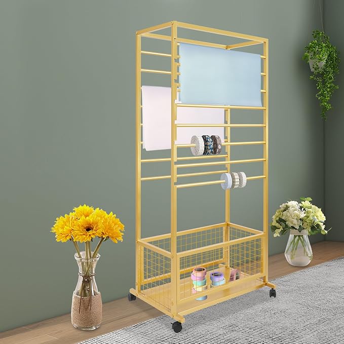 Mobile Ribbon Holder Double-Sided Ribbon Organizer Rack with 16 Hanging Rods Multifunctional Flower Wrapping Paper Storage Stand with Lockable Wheels Wrapping Paper Rack (26.38*12.99*59.06in, Gold)