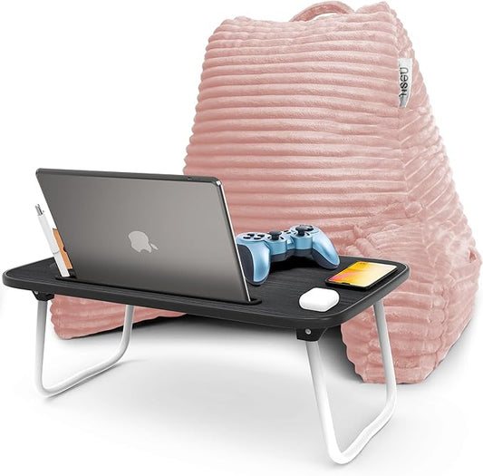Nestl Peach Beige Reading Pillow with Bed Desk for Laptop and Writing, Luxe Cut Plush Back Pillow for Sitting Up, Back and Arms Adjustable Support for Adult and Teens, Foldable Lap Desk for Bed 22x14”