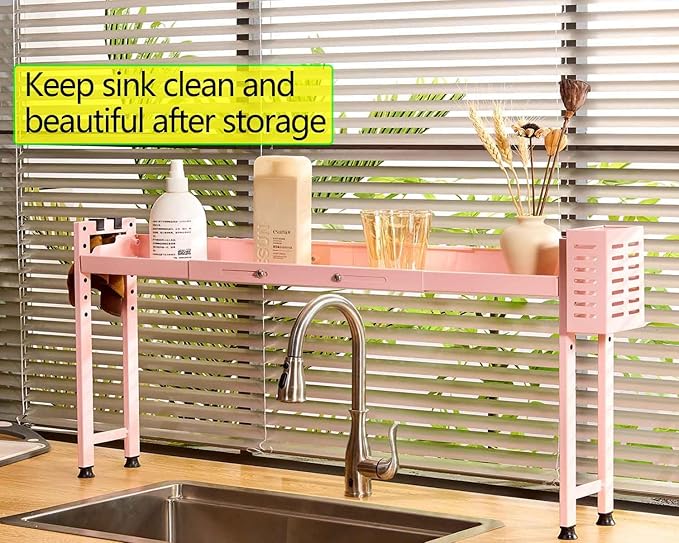 Horynar Over Stove Shelf Stove Top Organizer Shelf for Kitchen with Extra Basket and Hooks Adjustable 27 to 32 Inches Pink Over the Sink Spice Rack for Countertop (Pink)