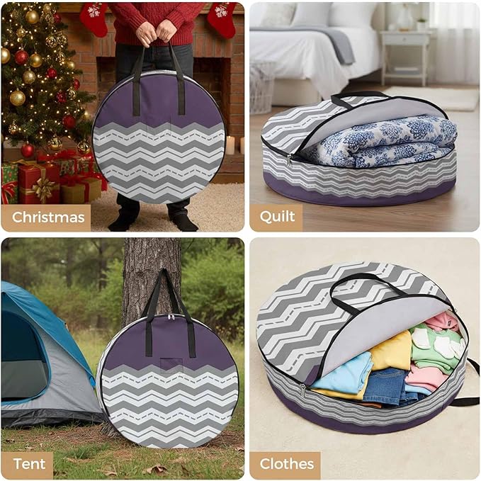 Storage Bag Purple Grey Waves Round Storage Totes Bins Closet Organizers with Zippers & Handle Chevron Stripe Clothes Storage Container for Bedroom Dorm Space Saving Packing Supplies Moving Bags