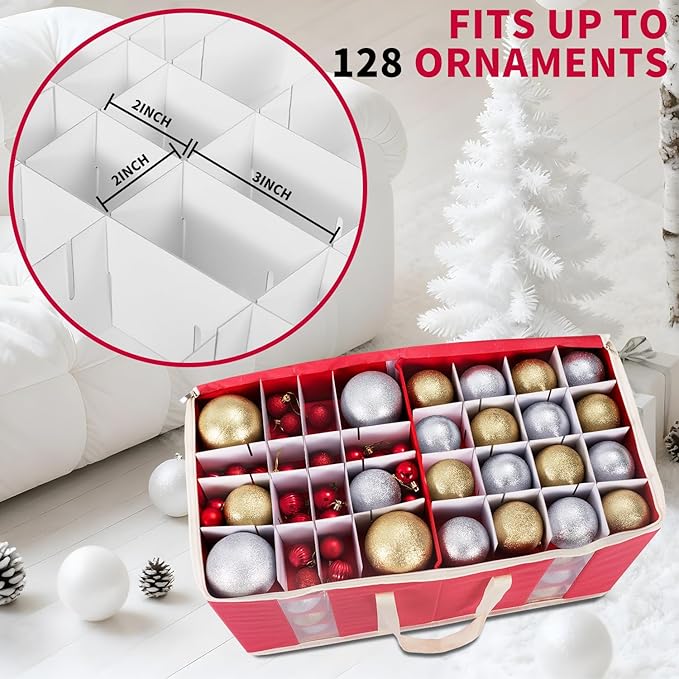DIMESHY Large Christmas Ornament Storage Box With Adjustable Dividers,Ornament Storage Container with Two Handlesfor 128 Holiday Decorations,Red