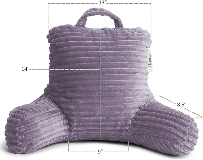 Nestl Dusty Purple Reading Pillow with Bed Desk for Laptop and Writing, Luxe Cut Plush Back Pillow for Sitting Up, Back and Arms Adjustable Support for Kids and Teens, Foldable Lap Desk for Bed 19x11”