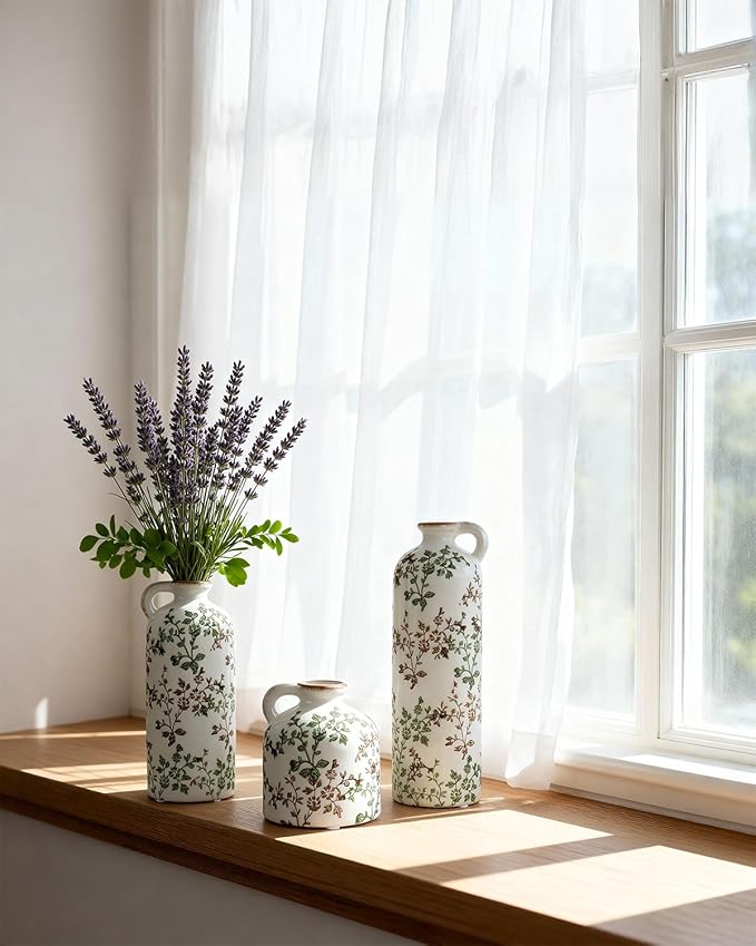 3-Piece Ceramic Jug Vase Set with Handles – Vintage Green Floral Crackle Glaze Decorative Vases for Home, Farmhouse Living Room, Shelf & Table Decor