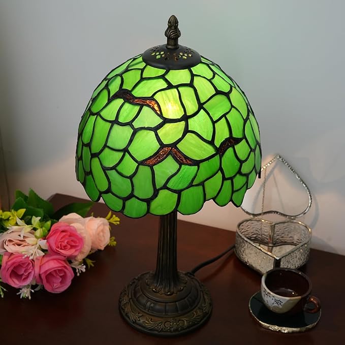 Tiffany Lamp Stained Glass Table Lamp 8X8X14 Inches Desk Reading Light Decor Beside Bedroom Living Room Home (H-1056- Green Leaf)