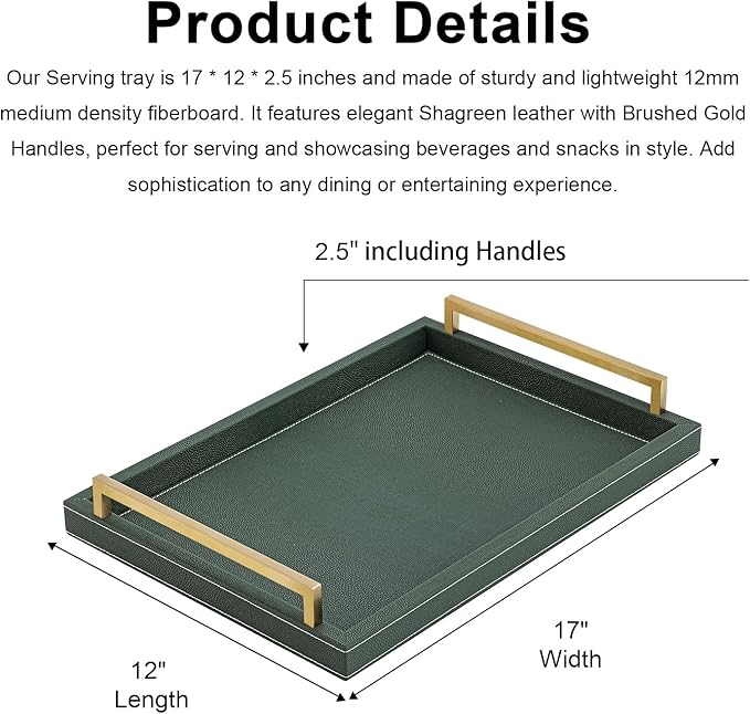 XIGEXIGE Green Decorative Serving Tray,Rectangular Tray for Coffee Table,Faux Leather Serving Tray with Handles for Ottoman,Shagreen Leather Tray for Bathroom