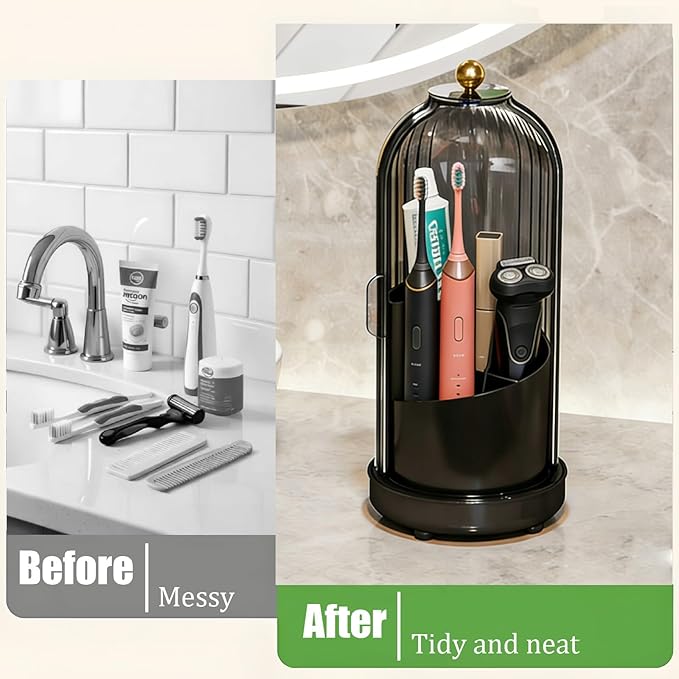 JEESA Toothbrush Holder Organizer, with Drainage Holes, with Dustproof Cover, 360 Rotating, 3 Slots, for Bathroom Countertop, Black