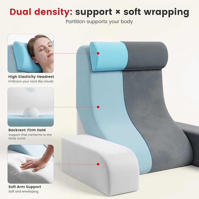 Homkdom Reading Pillow for Sitting in Bed Adult, 22" Back Pillow for Bed Sitting up with Armrests & Storage Pockets, Ergonomic Wedge Pillow for Watching TV, Gaming, Working, Recovery, 5PCS, Grey