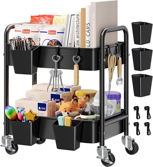 2 Tier Small Rolling Metal Cart with Wheels, Black Under Desk Storage Cart on Wheels, Short Utility Roller Carts Organizer for Pantry, Bathroom,Kitchen,Office, Two Tiered Mobile Storage Shelf Trolley