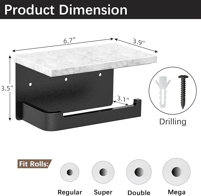 Gypie Toilet Paper Holder with Shelf, Extended Base Wall Mounted, Marble Toilet Roll Holder Black for Bathroom Washroom