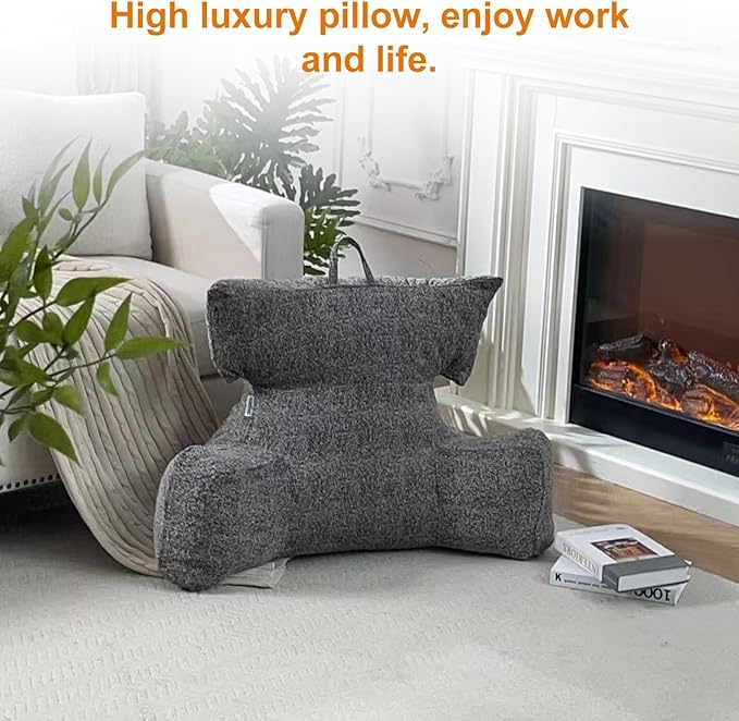 SUNSIDE Reading Pillow with Thickened Arm,Back Pillows for Sitting in Bed,Shredded Memory Foam Bed Rest Pillow with Side/Back Pocket,Backrest Cushion Suitable for Reading, Relaxing(Standard Grey)