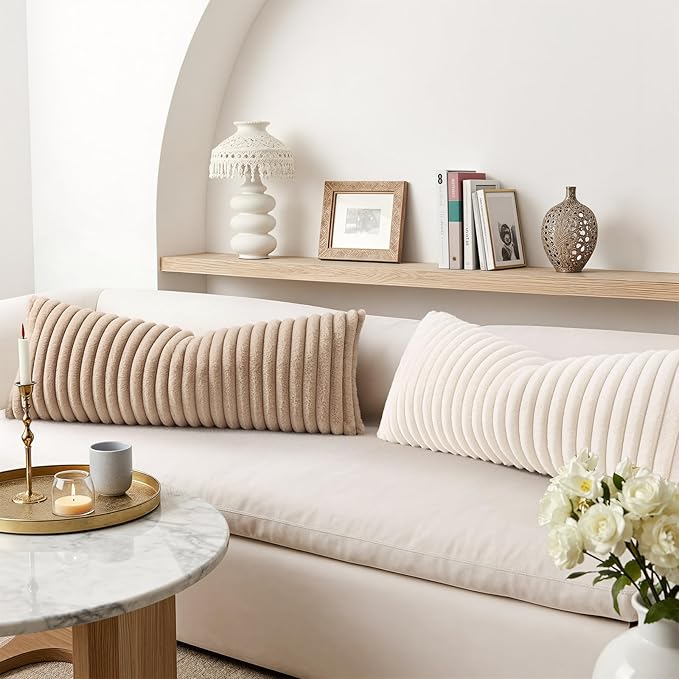 decorUhome Summer Cozy Faux Fur Throw Pillow Covers 14x36 Set of 1 Decorative Soft Plush Striped Lumbar Modern Farmhouse Boho Couch Pillow Cases with Velvet Back for Sofa Bed Living Room, Cream White