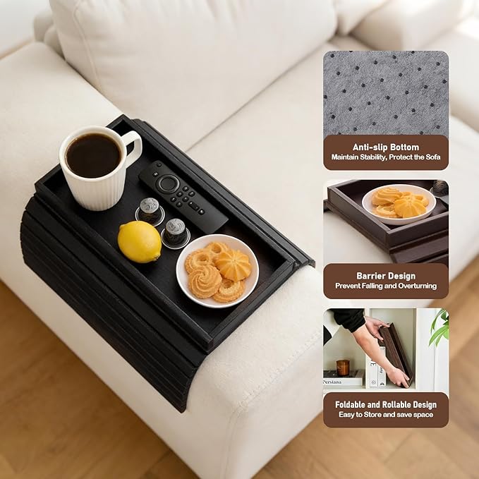Bamboo Sofa Arm Tray Table, Foldable Couch Arm Tray Side Table, Anti-Falling Armrest Tables Cup Holder for Snacks, Couch Armrest Organizer, Serving Tray for Snacks and Drinks (Black)