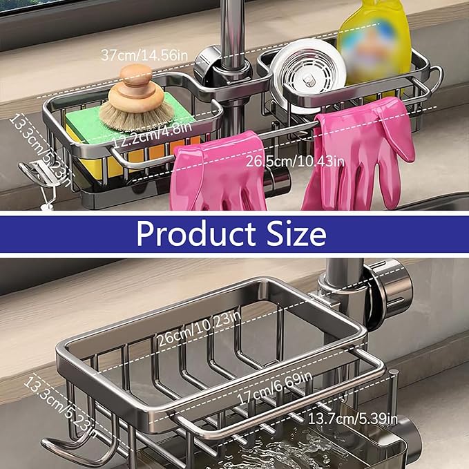 Kitchen Sink Faucet Organizer Multifunction Sponge Holder Organizer Sink Drain Holder Over Faucet Kitchen Sink Caddy with Hook Adjustable for 0.7-1.1inch Round Water Pipe (Silver, B)