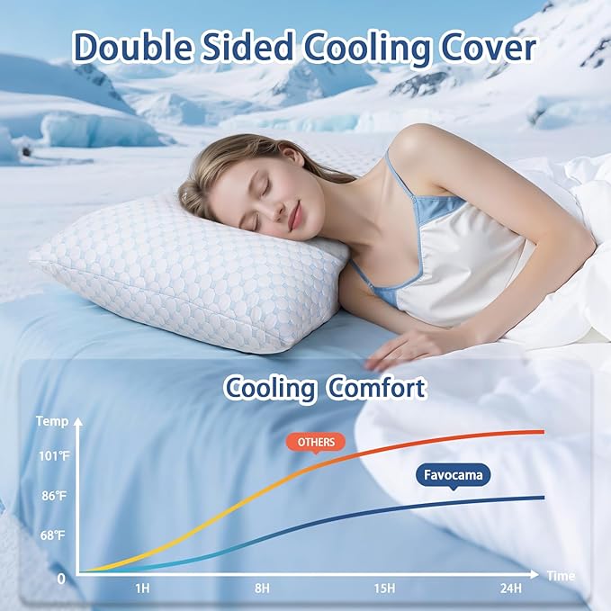 Favocama Cooling Pillow for Sleeping, Shredded Memory Foam Pillows King Size Set of 2, Double Sided Cooling Bed Pillows for Hot Sleepers, Side Back and Stomach Sleepers