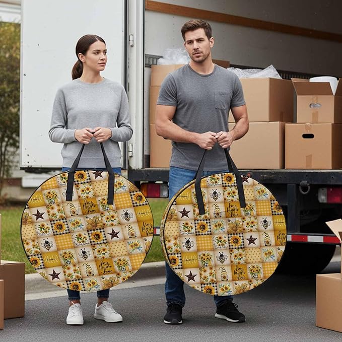 Farmhouse Round Storage Bag 24 Inch, Sunflower Gnome Bee Star Yellow Buffalo Plaid Patchwork Clothes Storage Container with Handles Heavy Duty Organizer for Comforter, Bedding & Holiday Wreaths