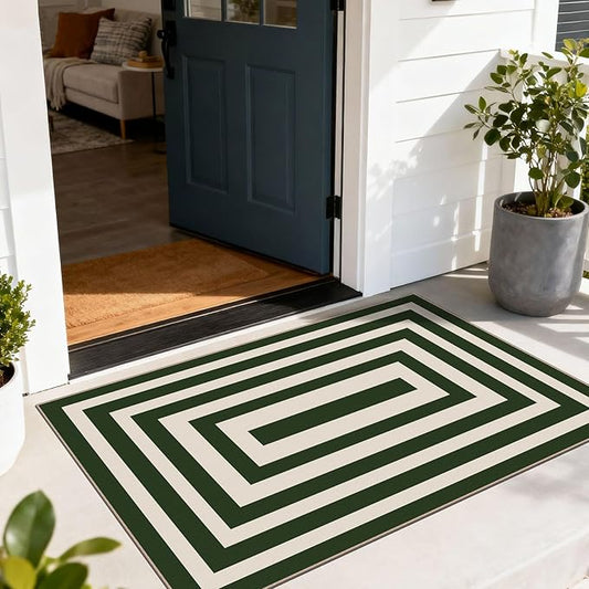Modern Outdoor Rug - 28" x 43" Front Door Mat Indoor Outside Entrance Non-Slip Washable Outdoor Mat Green White Border Striped Rug for Entryway Kitchen Bedroom Layered Doormat for Front Porch