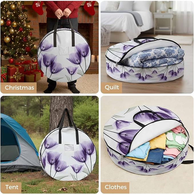 Spring Floral Round Storage Bag 36 Inch, Purple X-ray Tulip Looming Flower Leaf Modern Clothes Storage Container with Handles Heavy Duty Organizer for Comforter, Bedding & Holiday Wreaths
