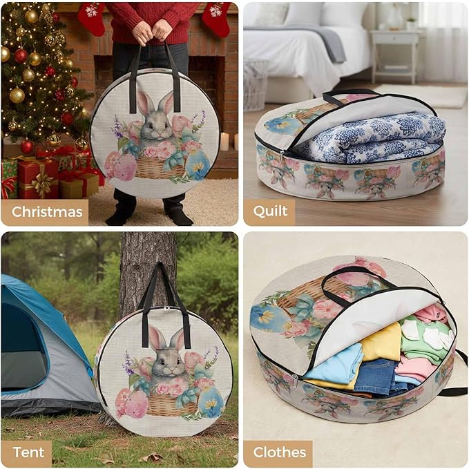 36 Inch Round Storage Bag 1 Pack,Easter Egg Cute Bunny on Basket Waterproof Wreath Storage Container with Handles&Zipper Colorful Flower on Burlap Closet Organizer Bags Garland Box