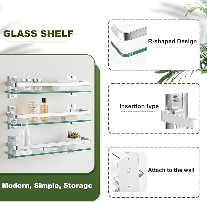 AIJALY 2 Pack Bathroom Glass Shelf,15.7 Inches Silver Bathroom Shower Glass Shelf Wall-Mounted, Metal Storage Floating Kitchen Shelf